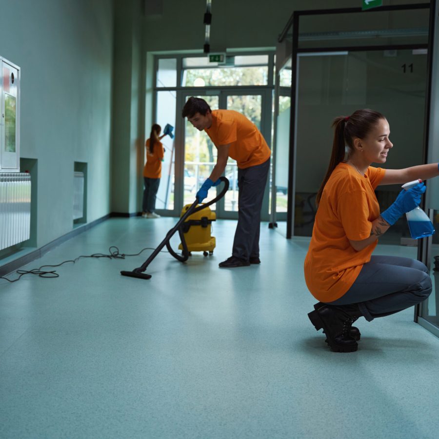 Three energetic cleaners are performing various procedures to make the room clean and cozy