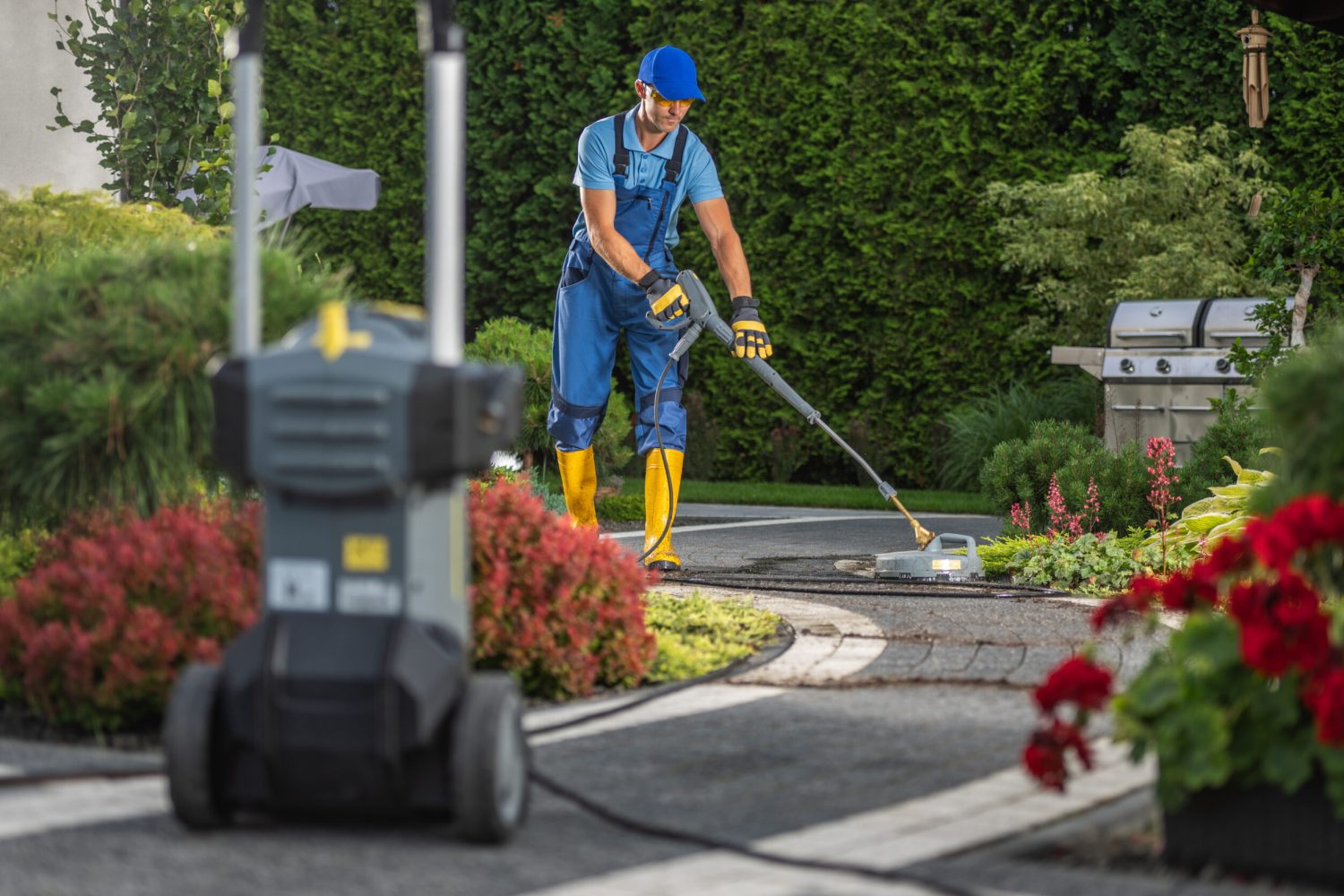 A worker in blue overalls and yellow boots cleans a stone pathway in a garden filled with colorful flowers using a power washer.
